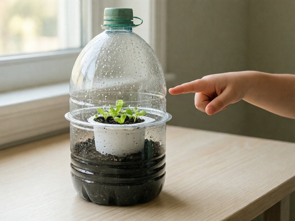 Clear bottle dome over a cup of lettuce seedlings on a windowsill, with condensation on the inside