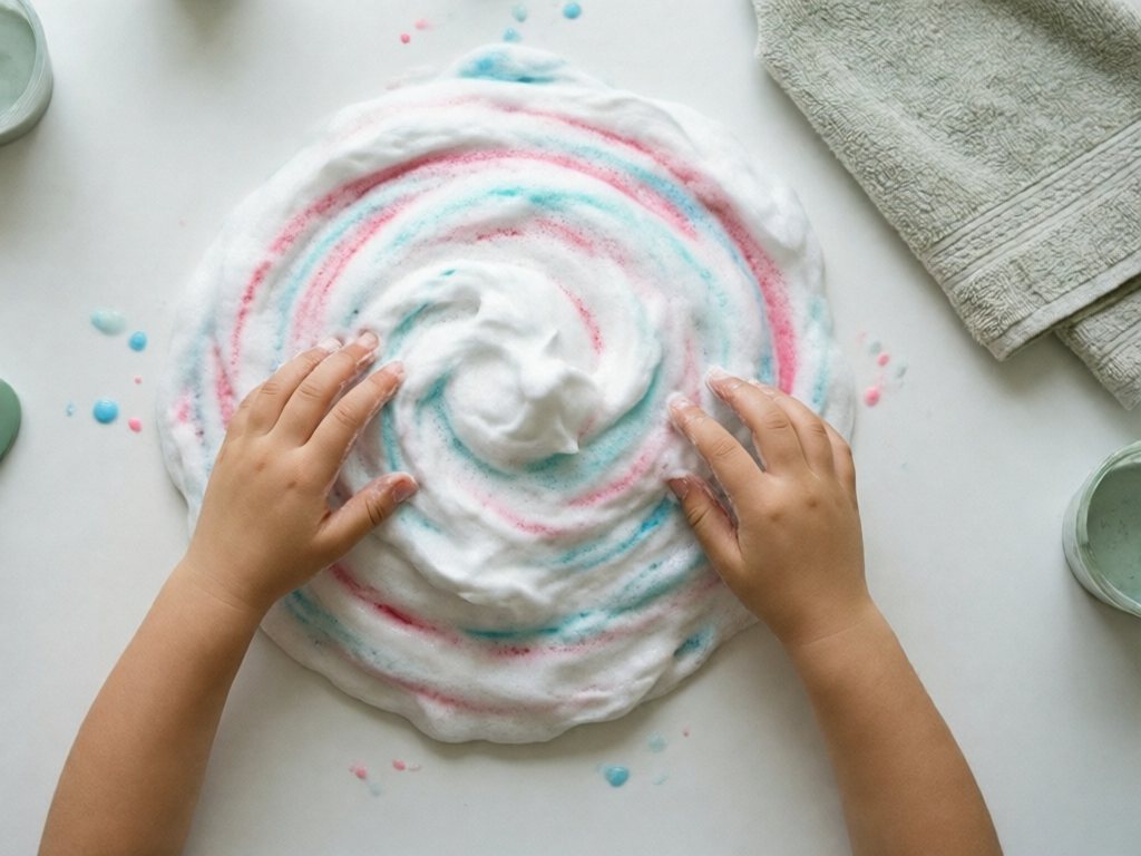 Small hands swirling pink and blue colored shaving cream on a white table
