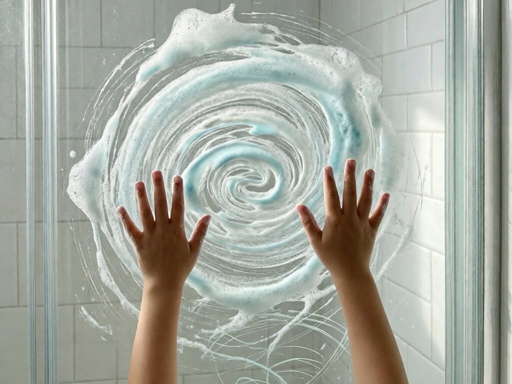 Child's hands drawing in blue-tinted shaving cream on a glass shower door