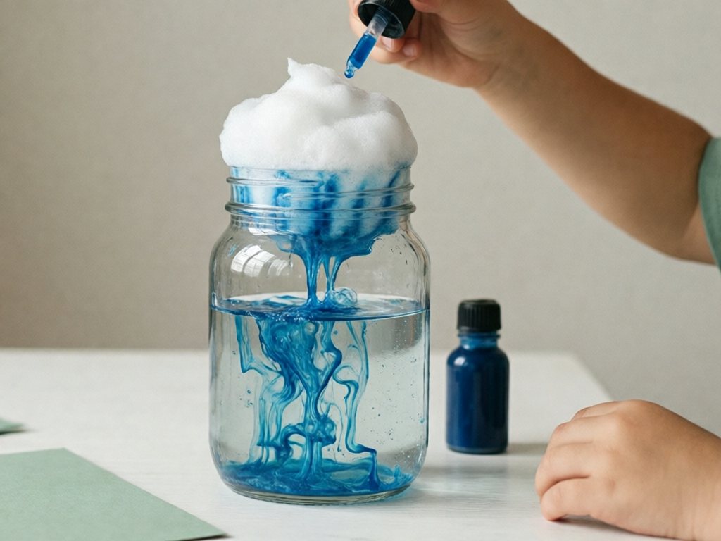 Glass jar of water topped with shaving cream cloud and blue food coloring raining down