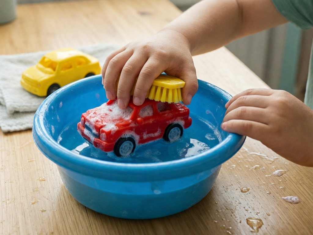 Child's hand scrubbing a foamy red toy car with a yellow brush over a bin of water, a dry toy car on a towel nearby