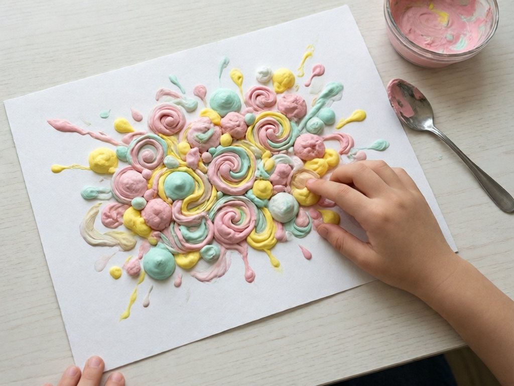Pastel puffy paint dollops on white cardstock with a child's hand touching one
