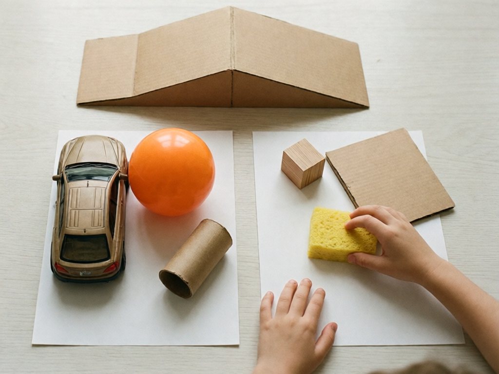 Objects sorted into rolls and slides piles beside a cardboard ramp