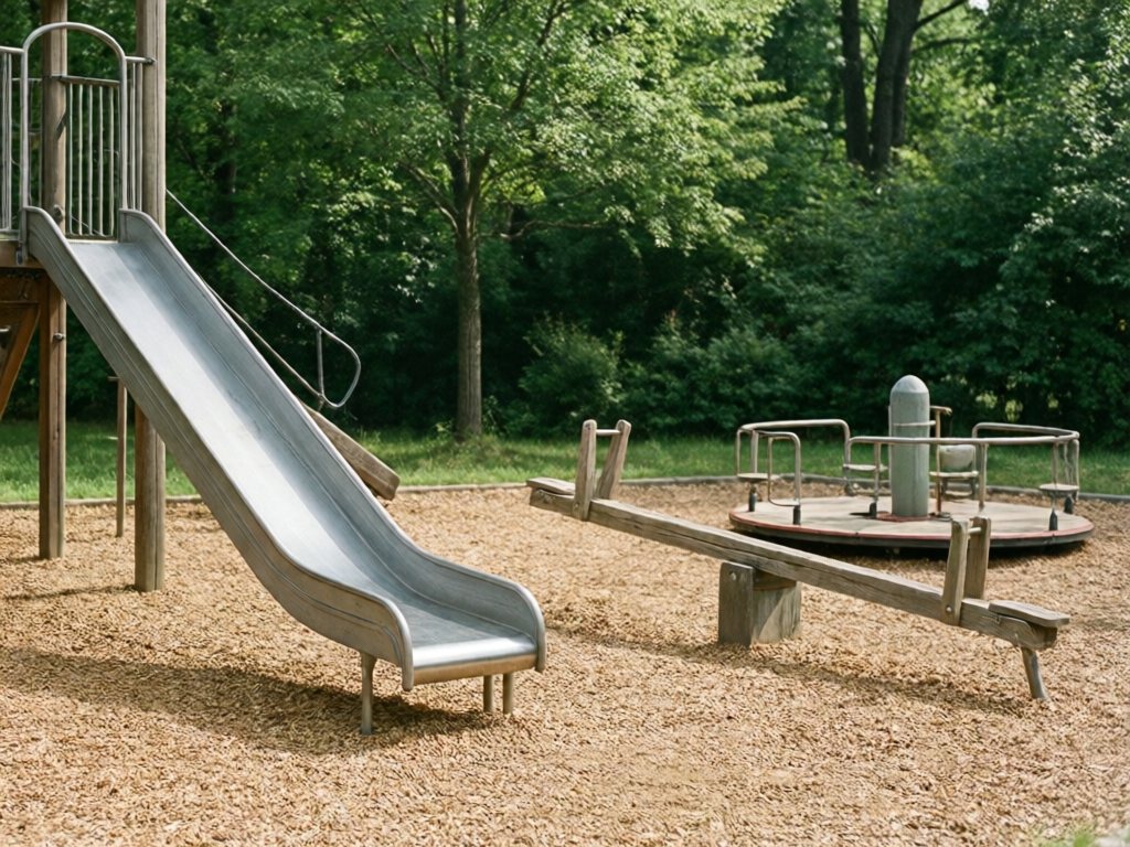 Playground with a slide, seesaw and merry-go-round on wood chips