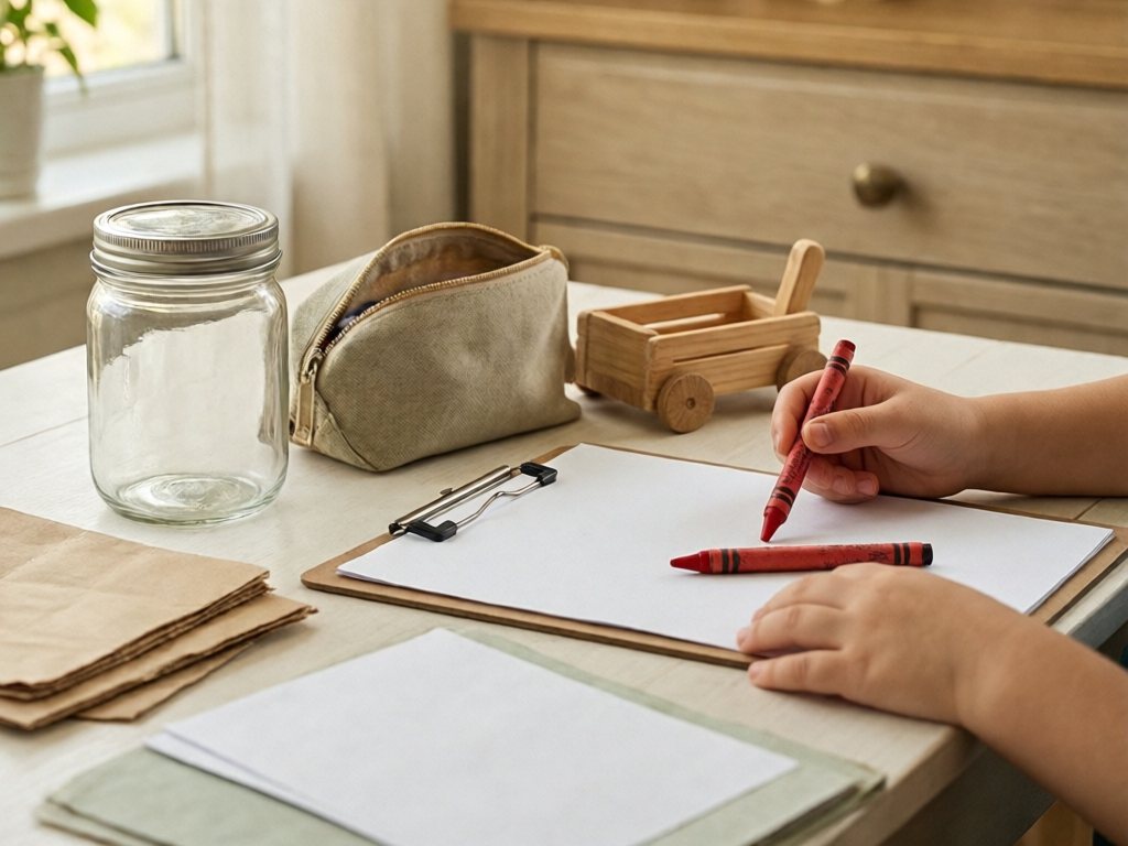 Jar with screw lid, zipper pouch, toy wagon and a clipboard with crayon on a kitchen counter