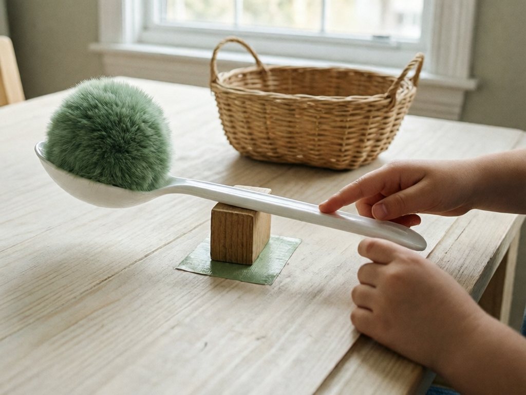 Plastic spoon balanced on a wooden block with a pom pom in the bowl and a basket target nearby