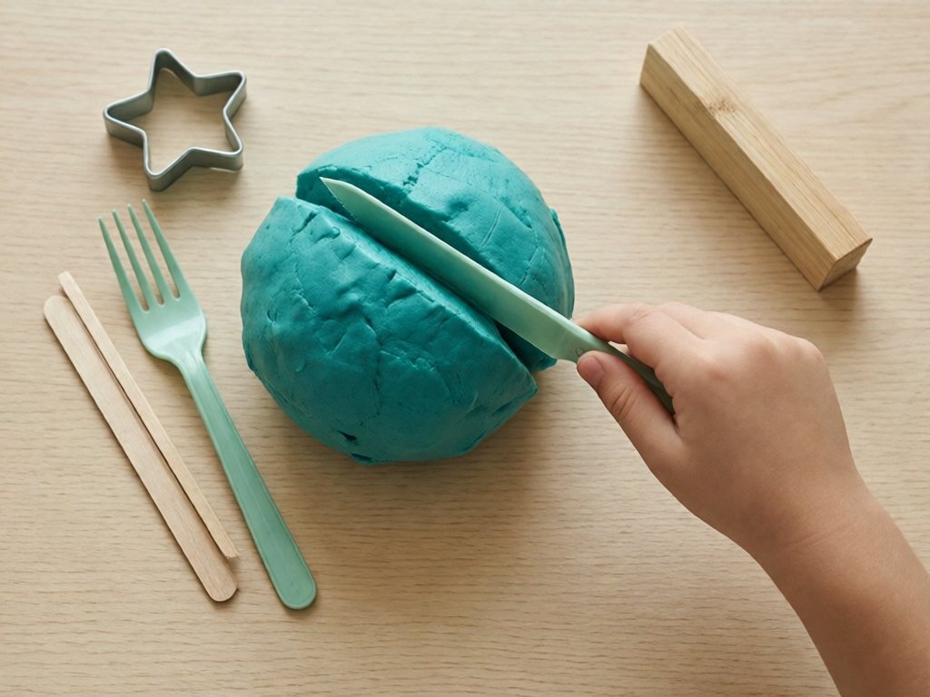 Playdough being sliced with a plastic knife beside a wooden doorstop, craft sticks and cookie cutters