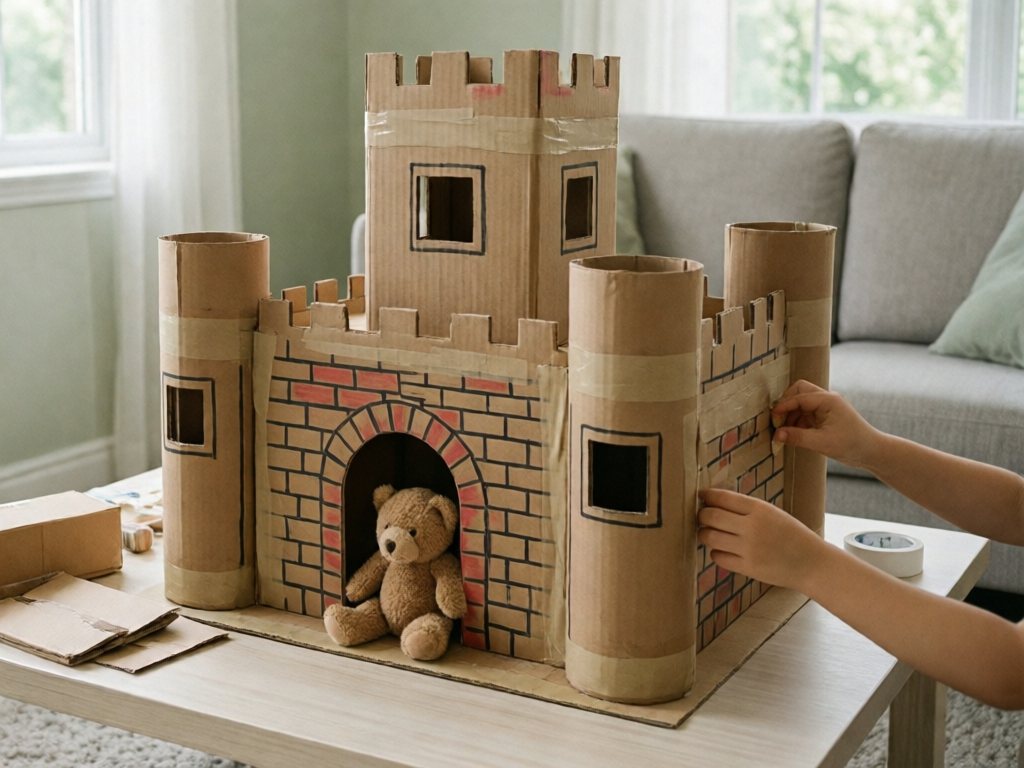 Cardboard castle with towers and an arched door, masking tape seams and a stuffed bear in the doorway