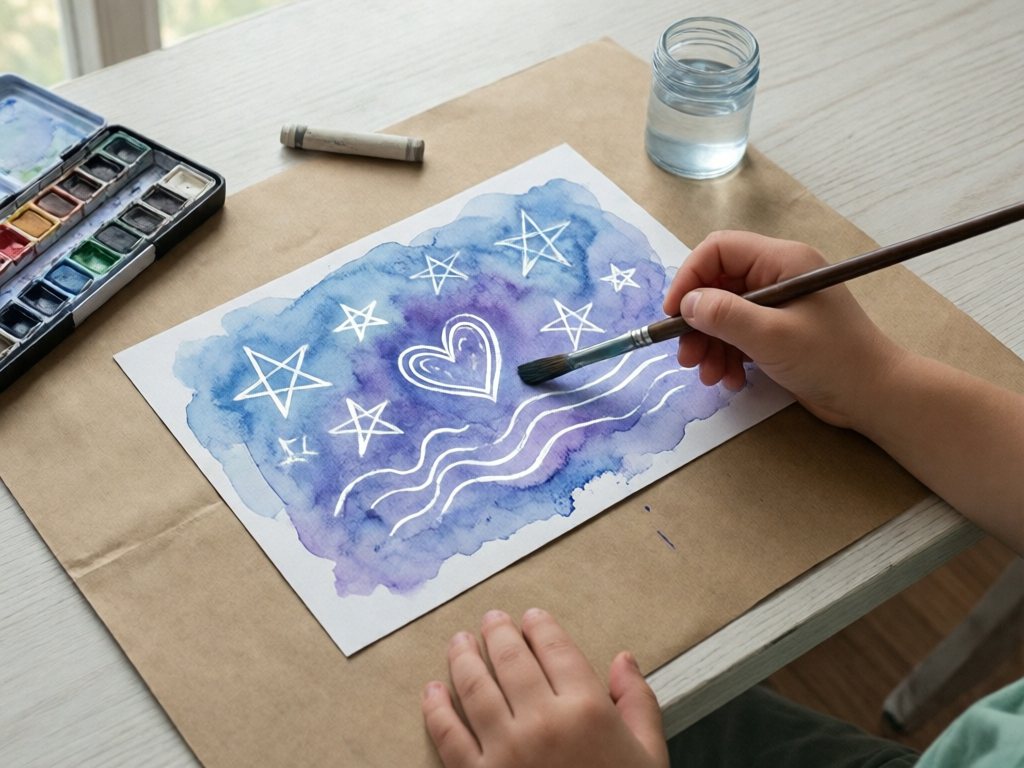 Child's hand painting blue watercolor over white crayon stars and hearts that appear on cardstock