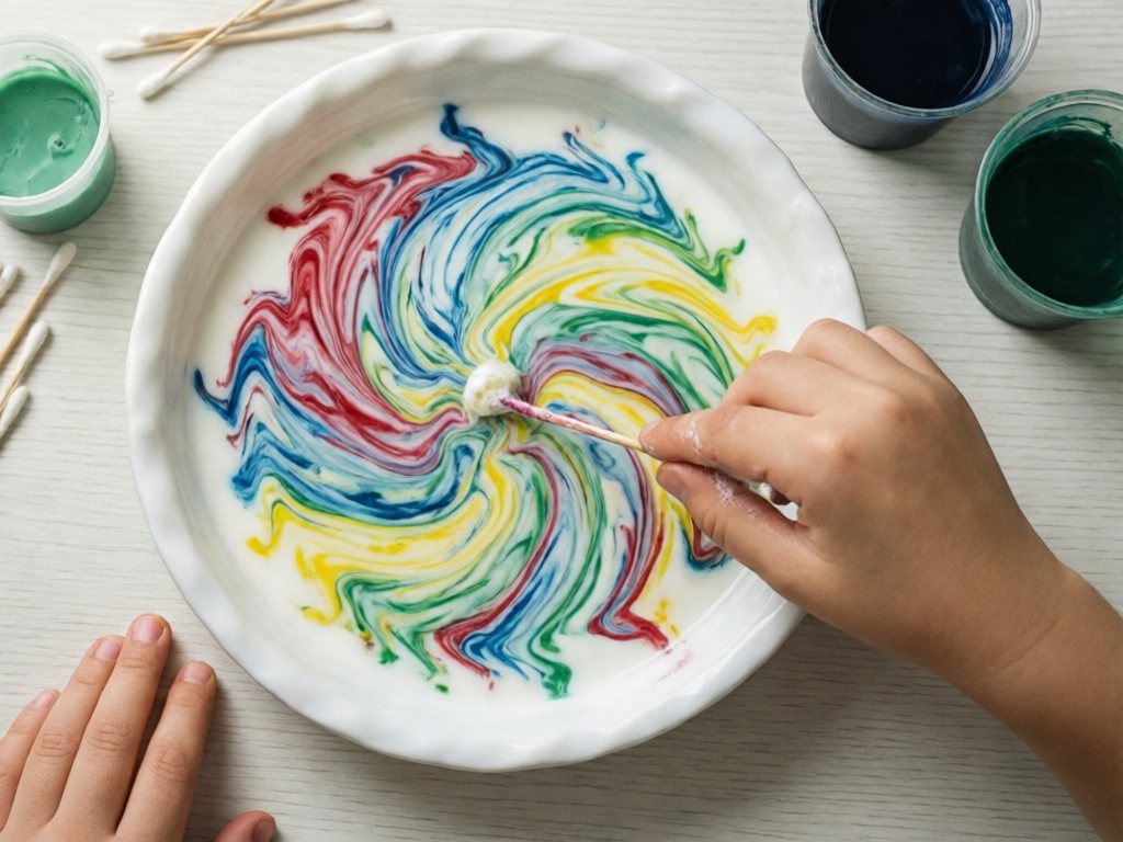 Swirling food coloring in a plate of milk touched by a cotton swab