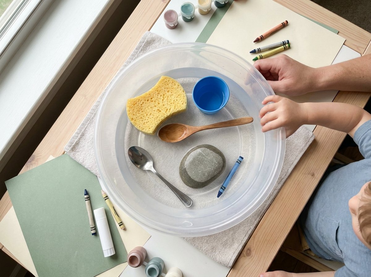 Basin of water with floating sponge and cup and a rock and metal spoon on the bottom