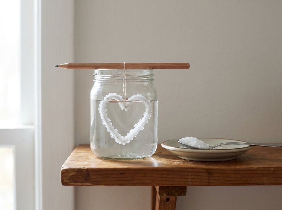 Jar of salt water with a crystal-covered pipe cleaner heart hanging from a pencil