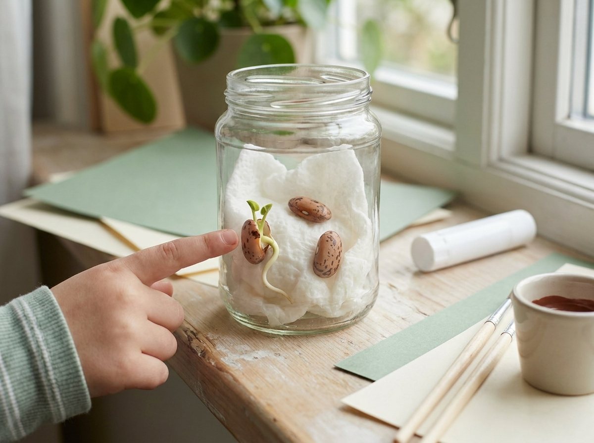 Clear jar with damp paper towel and pinto beans, one sprouting a root