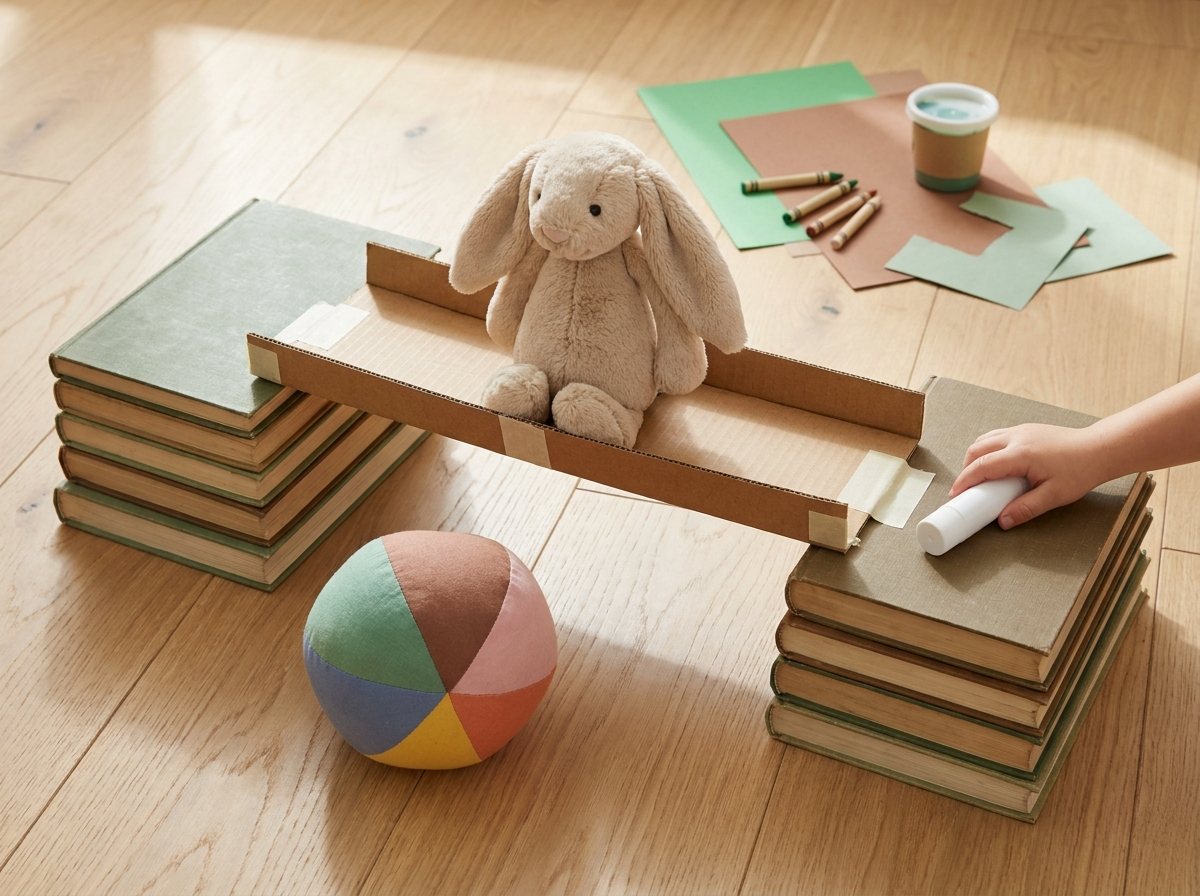 Cardboard bridge across two book stacks holding a stuffed bunny