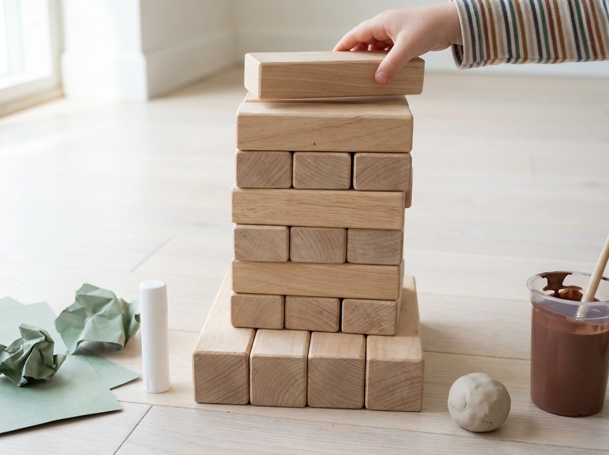Tall tower of large wooden blocks on a wide base with a child's hand adding a block