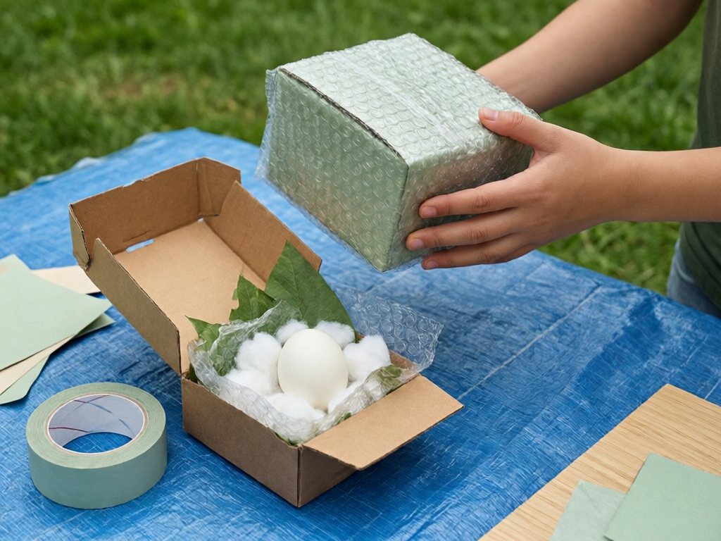 Cushioned box with a hard-boiled egg on a tarp, an adult holding another package up