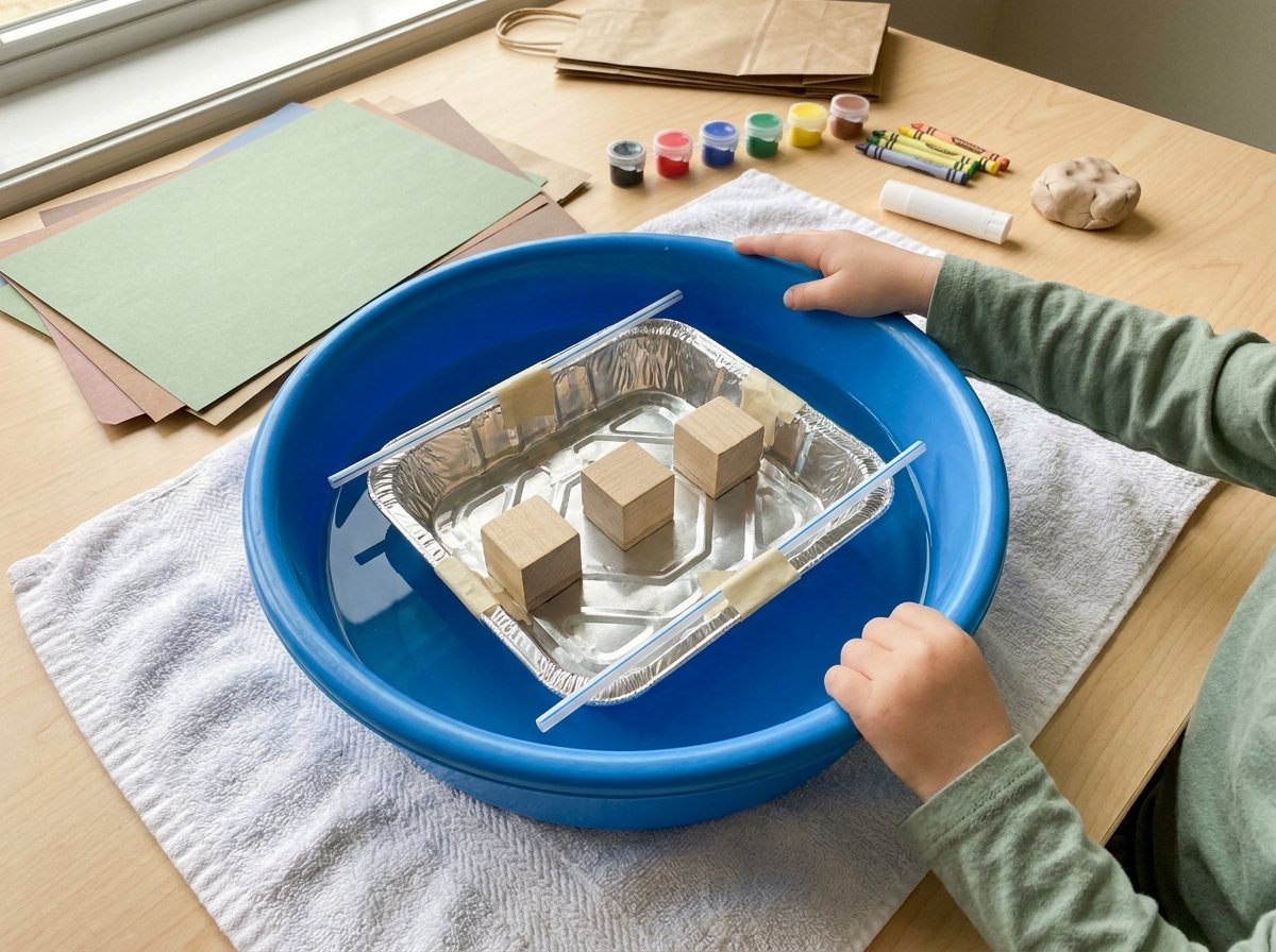 Foil boat with straws floating in a tub of water carrying large wooden blocks