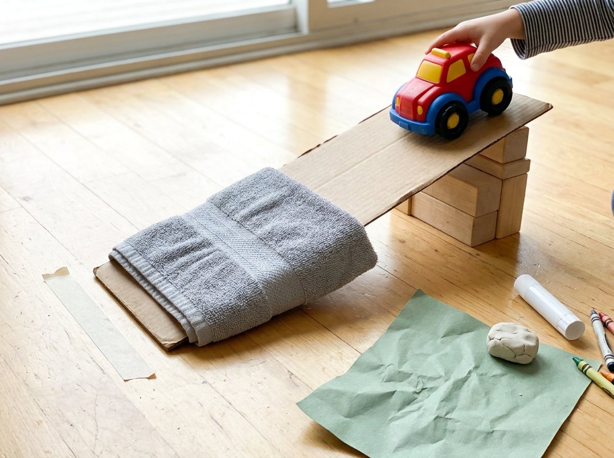 Cardboard ramp on blocks with a large toy car, towel section and tape marking the stopping spot
