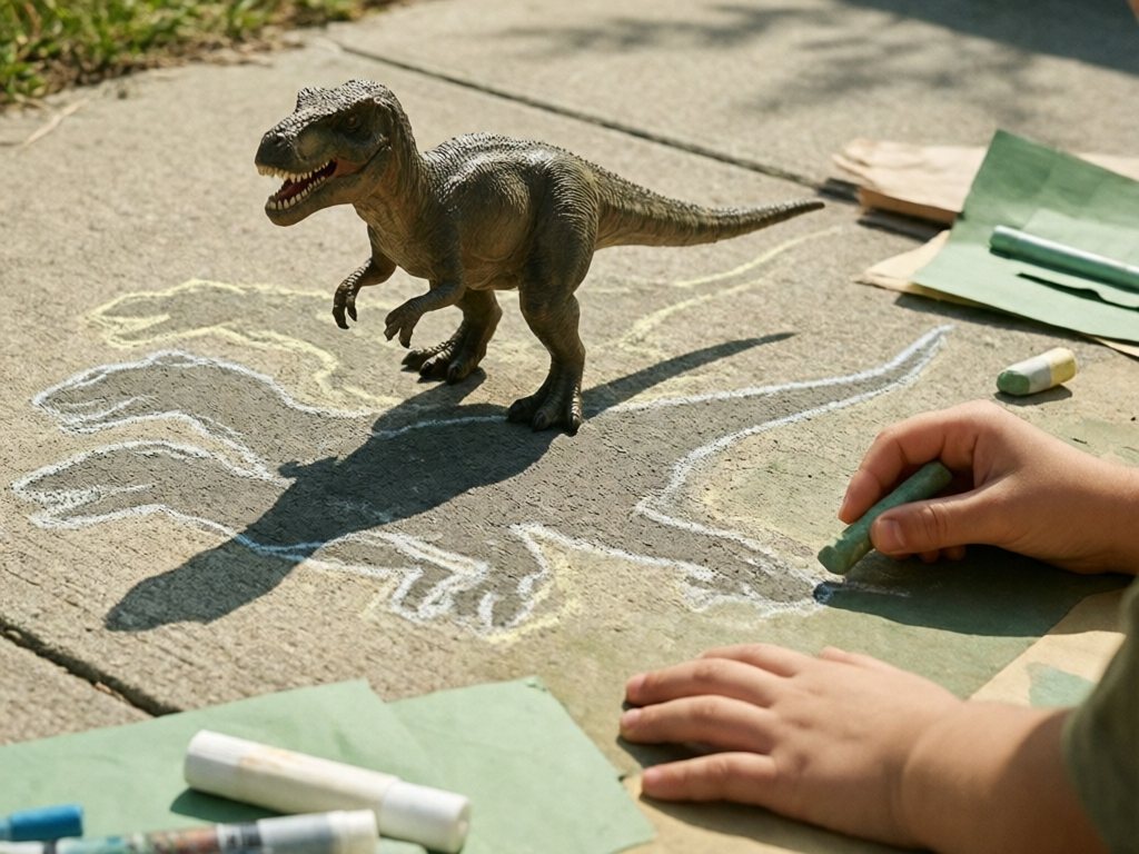 Toy dinosaur on a sidewalk with three chalk outlines of its changing shadow