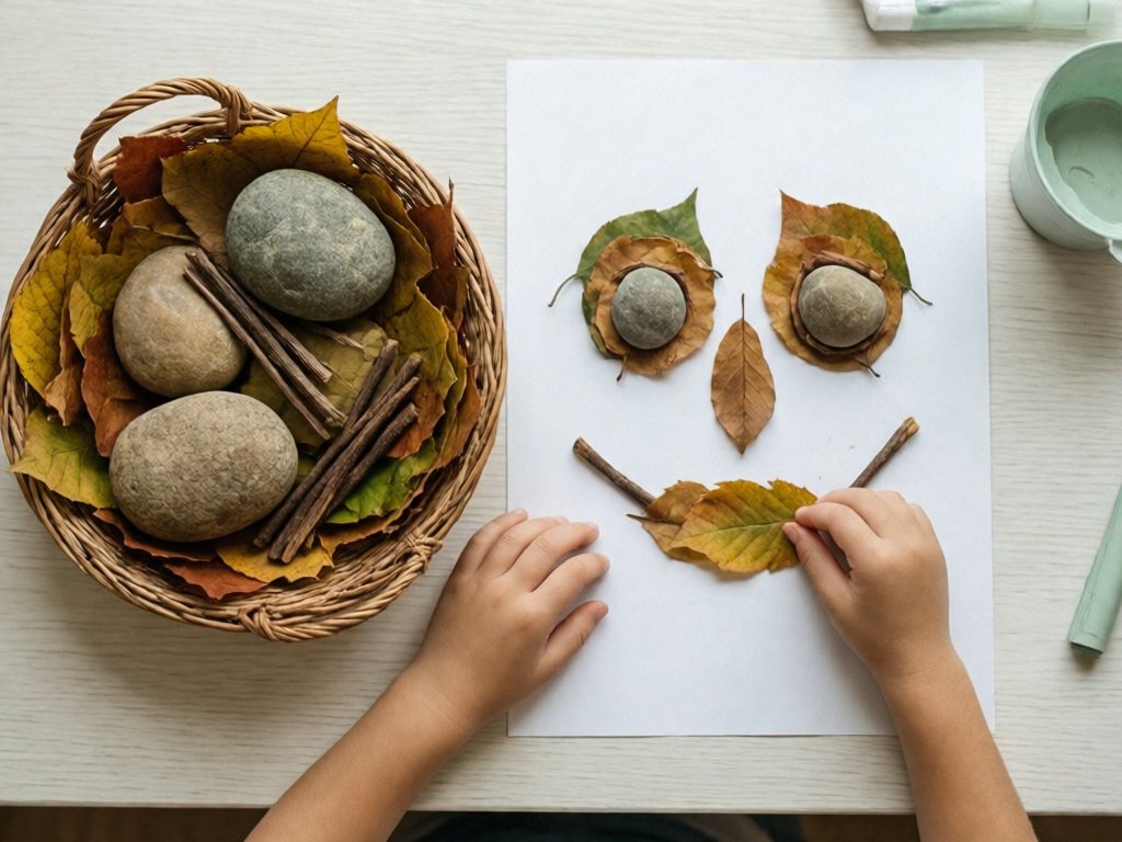 Basket of leaves, rocks and sticks with a nature face arranged on paper