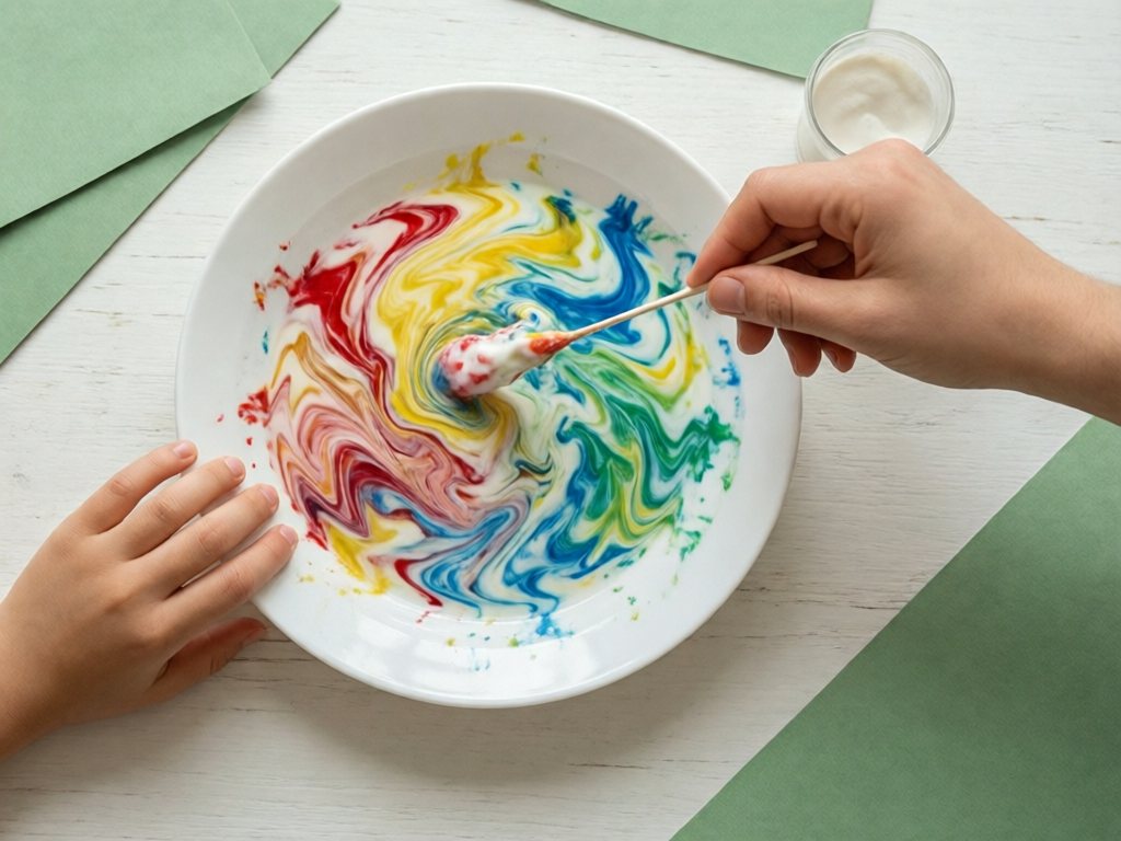 Overhead view of food coloring swirling in a dish of milk as a cotton swab the adult has dipped in soap touches the center