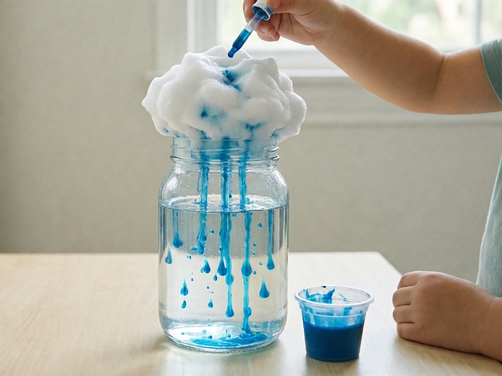 Jar of water topped with shaving cream cloud as blue food coloring rains down through the water