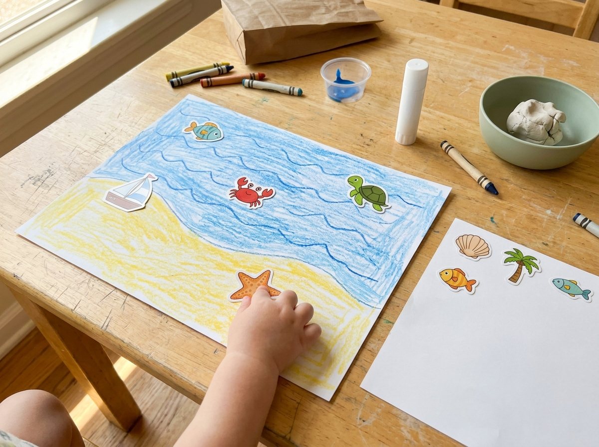 Hand-drawn ocean and beach scene on paper filled with animal and boat stickers