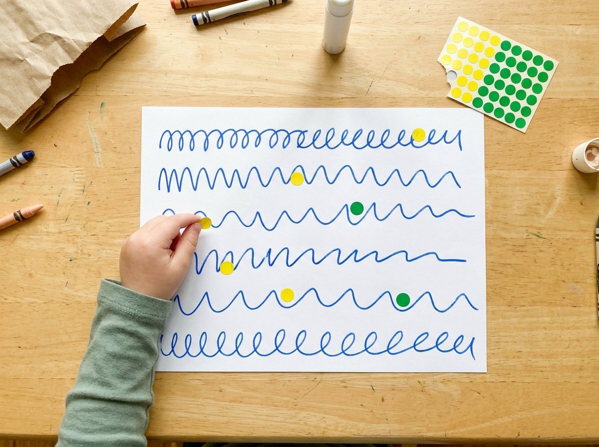 Child's hand placing removable dot stickers on marked spots across a sheet of paper