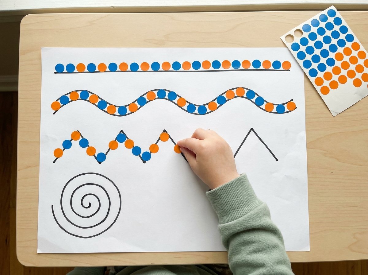 Dot stickers placed along thick marker lines of different shapes on white paper