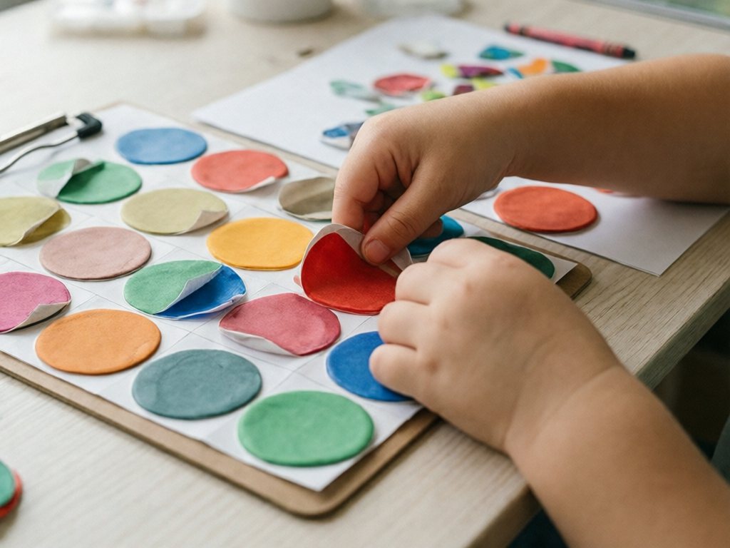 Toddler hand peeling a large sticker with a pre-lifted corner from a sheet taped to the table