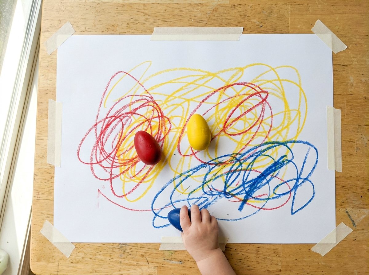 Toddler fist scribbling with a fat egg-shaped crayon on large taped-down white paper