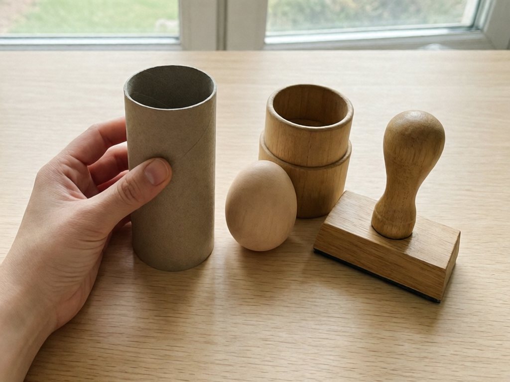 Adult hand holding a toilet-paper tube beside a chunky crayon, large wooden cup and big stamp