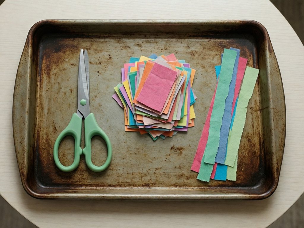 Blunt child scissors with colored paper scraps and snipped strips on a rimmed tray