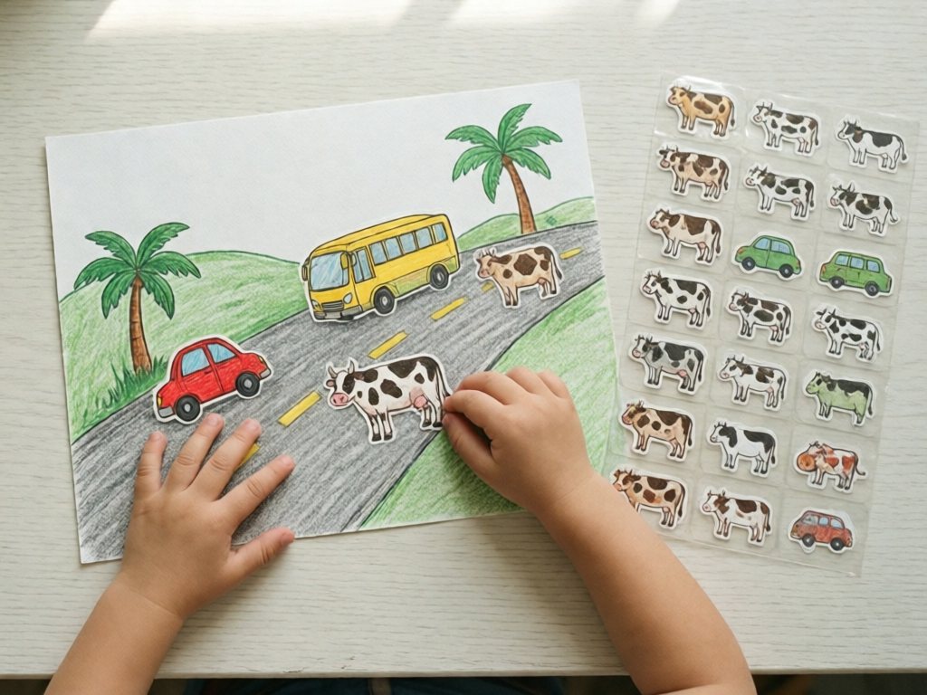 Toddler hand sticking large palm-sized stickers onto a drawn road scene on white paper