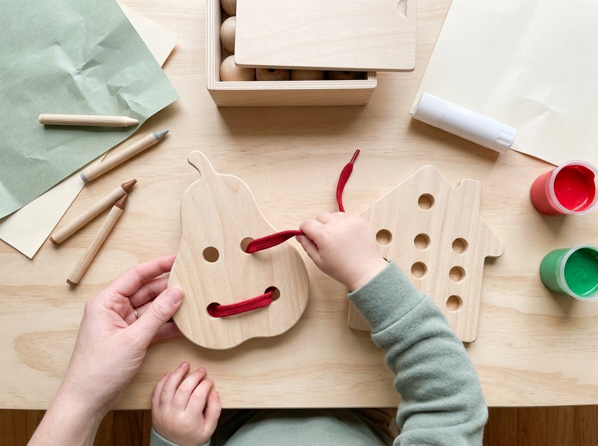 Adult and toddler hands threading a short thick lace through a wooden pear lacing card