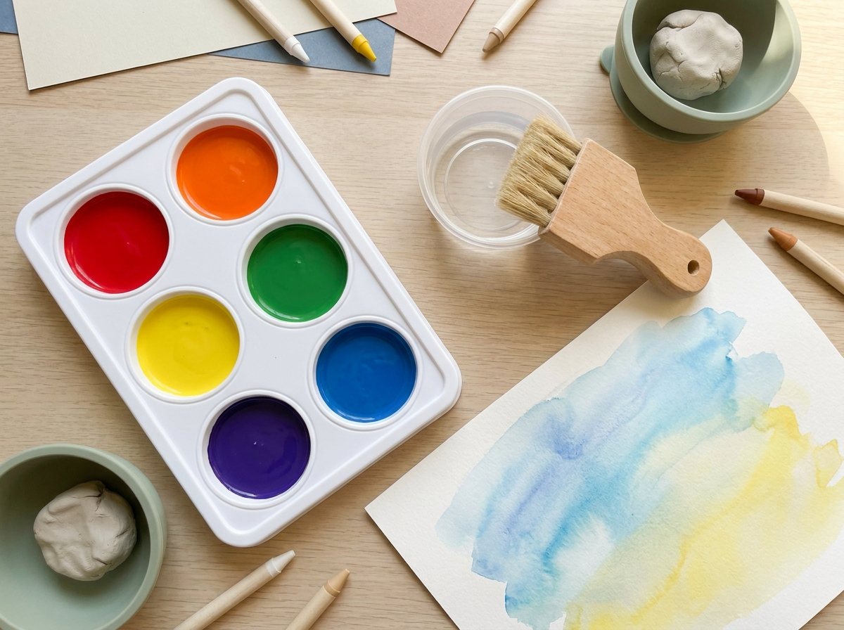Tray of six large watercolor pods with a chunky brush and a painted sheet of white paper