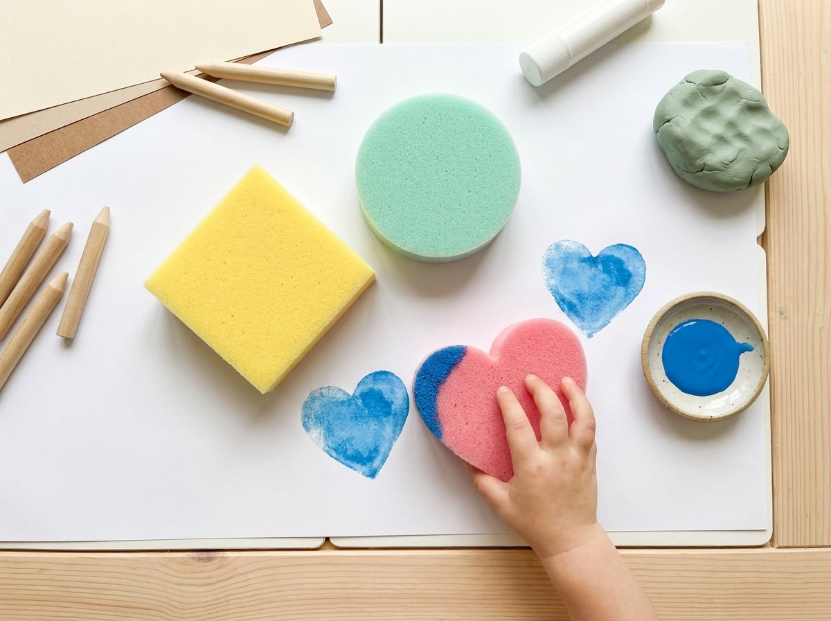Large pastel sponge shapes and a blue sponge print on white paper with a toddler hand