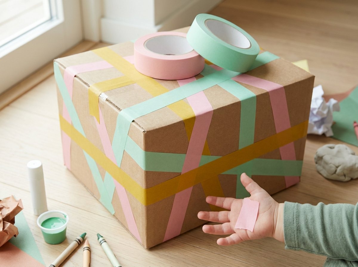 Cardboard box decorated with wide pastel paper tape strips and two tape rolls
