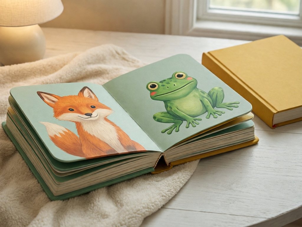 Open thick board book with rounded corners and big animal pictures on a cream blanket