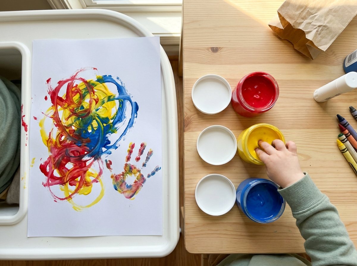 Toddler hand finger painting red, yellow and blue swirls on white paper on a high chair tray