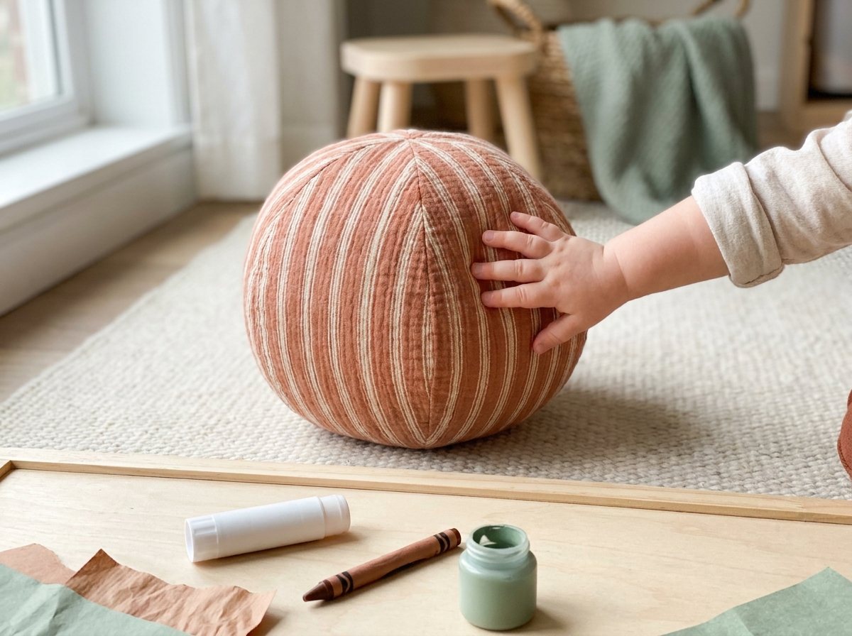 Large soft striped fabric ball on a pale rug with a toddler hand pressing it