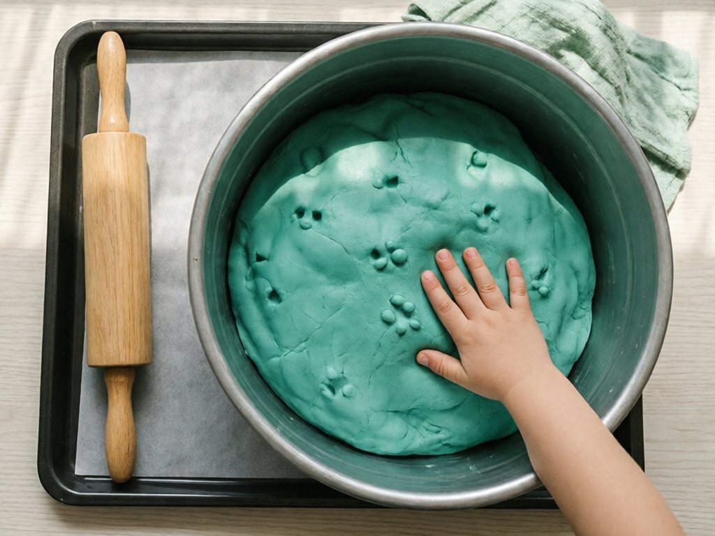 Teal play dough in a tub with a wooden rolling pin on a baking sheet