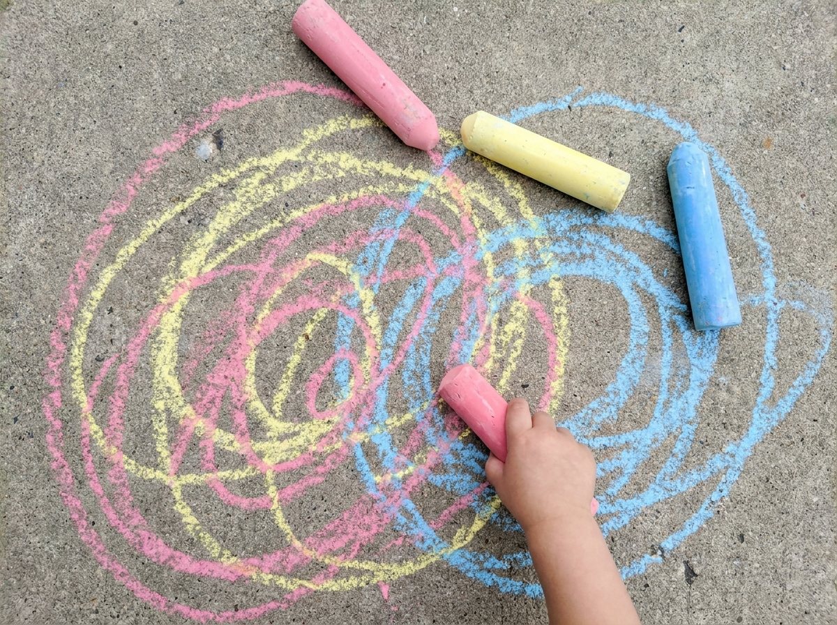 Thick sidewalk chalk sticks and colorful scribbles on a gray driveway with a toddler hand
