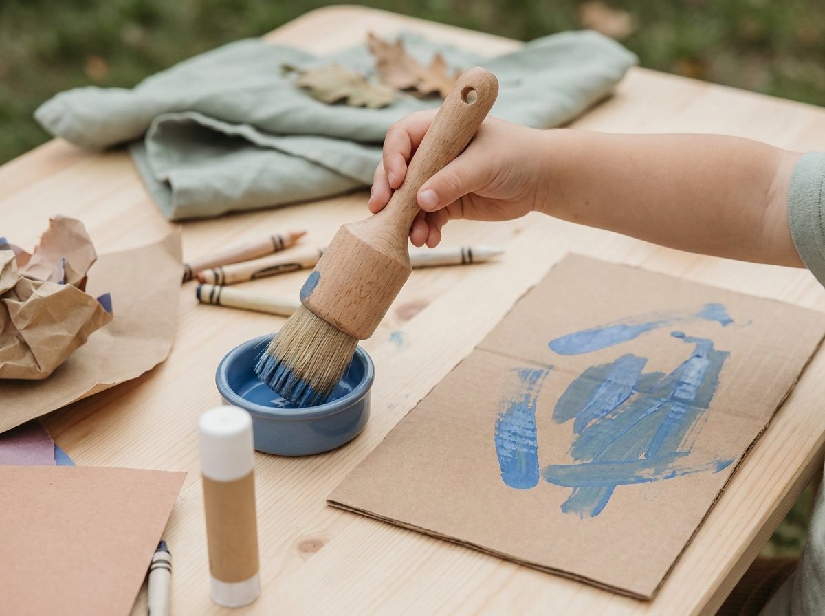 Chunky paintbrush and small dish of blue paint beside a cardboard sheet with brush strokes