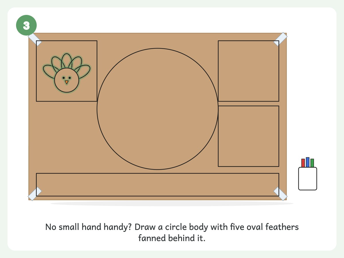 Step 3: Draw the turkey: trace a child's hand in the top left square, or draw a circle body with five oval feathers fanned behind it
