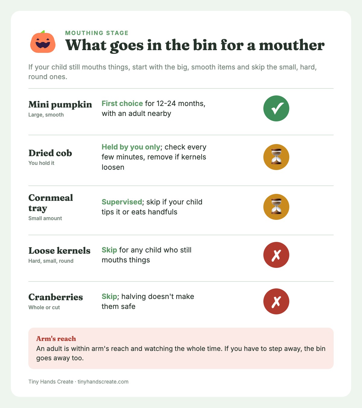 Info card showing which bin materials are safe for a child who still mouths things: pumpkin yes, cob and cornmeal wait, kernels no