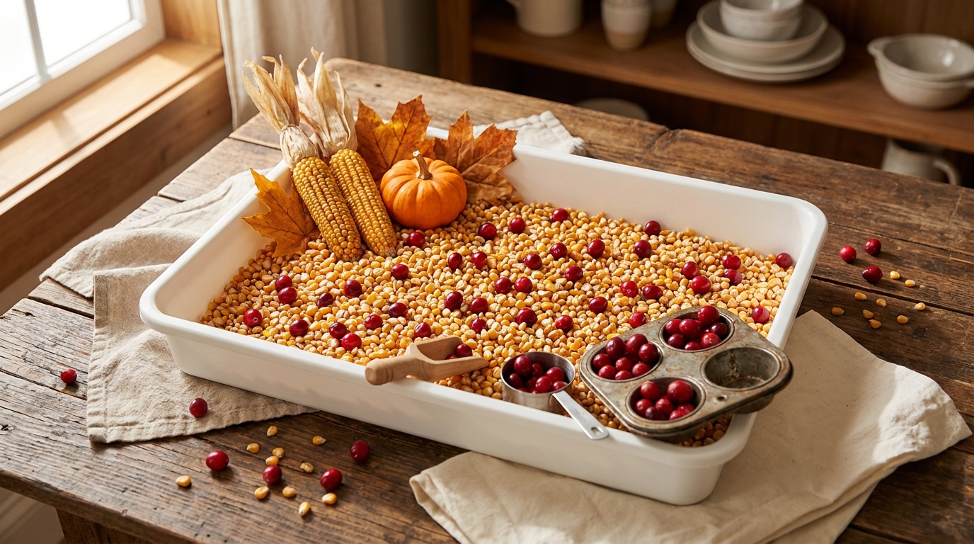 Thanksgiving Sensory Bin for Toddlers with Corn & Cranberries
