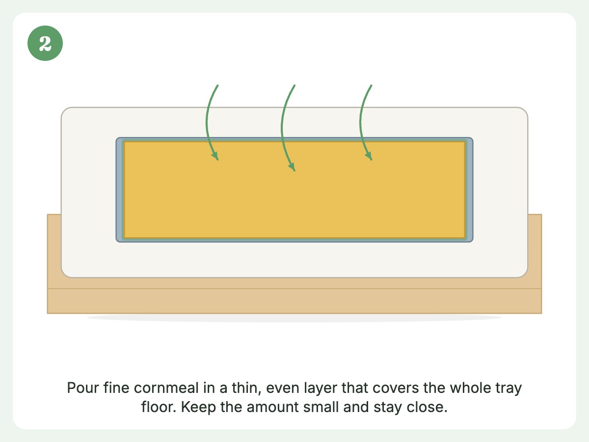 Step 2: Pour a thin layer of cornmeal into the tray