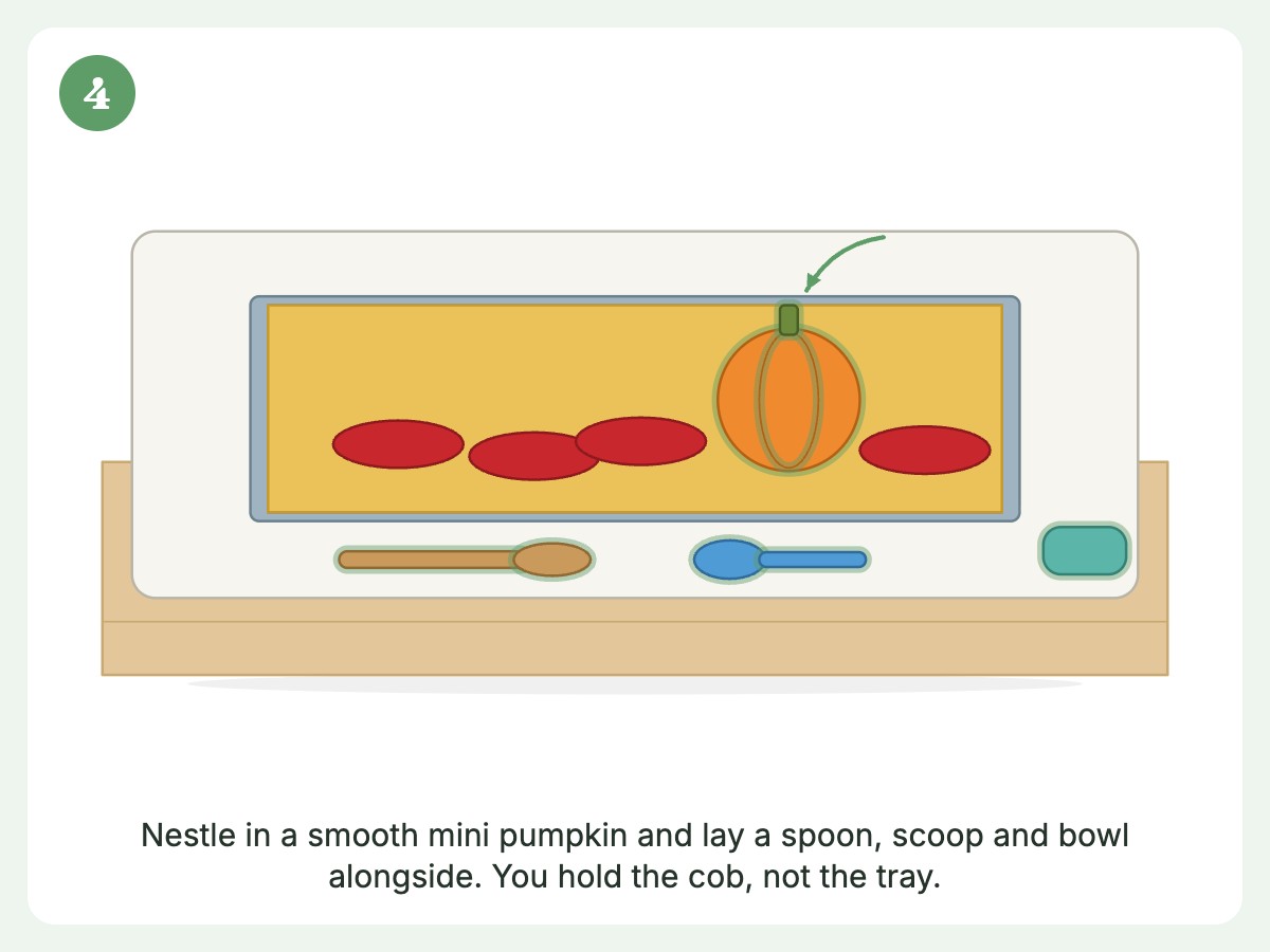 Step 4: Tuck in the pumpkin, add tools, and keep the cob in your hand