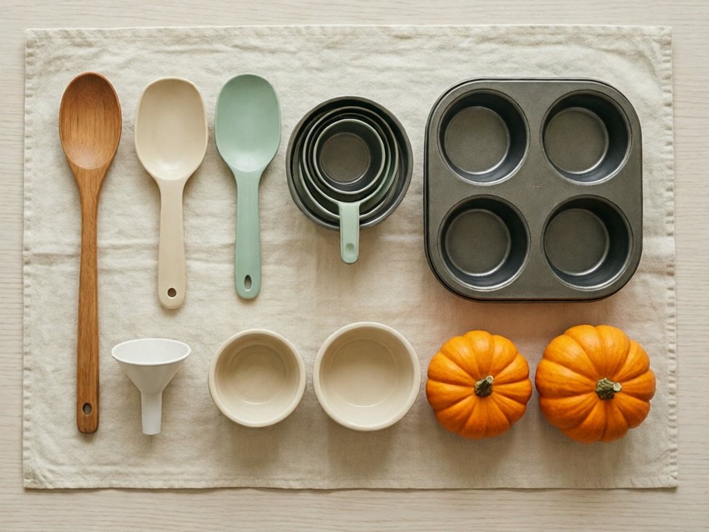 Flat-lay of wooden spoon, scoops, measuring cups, muffin tin, bowls, funnel and mini pumpkins on a cream sheet